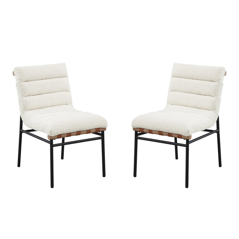 Lahni Set of 2 White Boucle Fabric Dining Chairs with Black Iron Legs, White
