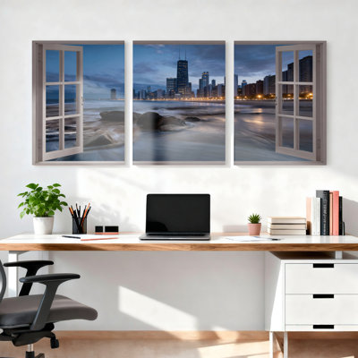 «City Skyline Through Window», ensemble de 3 reproductions d'art sur toile tendues sur toile