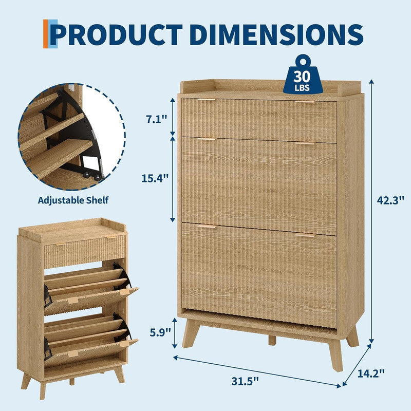 Armoire à chaussures 48 "étroite cannelée - Noyer noir avec 2 tiroirs rabattables, Bois naturel