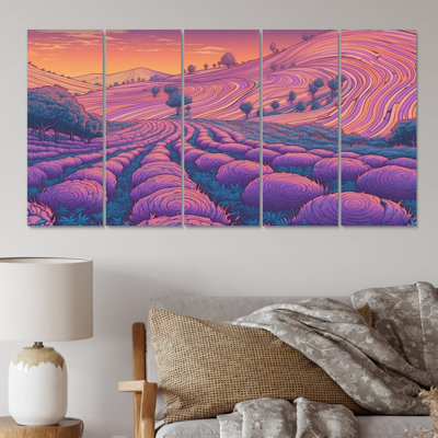 Sunset Over Blossoming Fields Of Lavender II - Lavender Wall Art Living Room - 5 Equal Panels