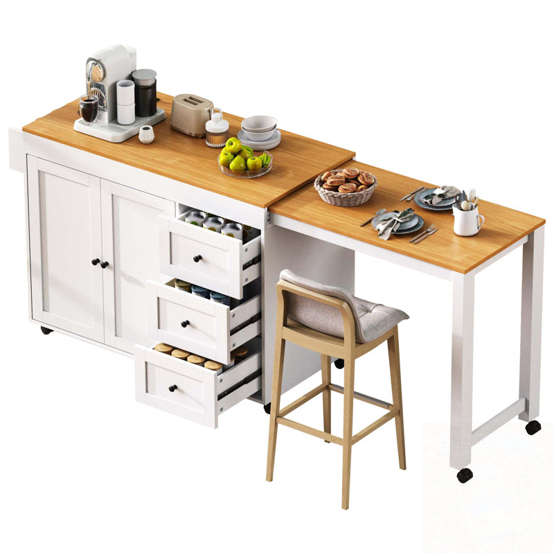 Îlot de cuisine avec table de salle à manger extensible, 3 tiroirs et prise de courant, Blanc
