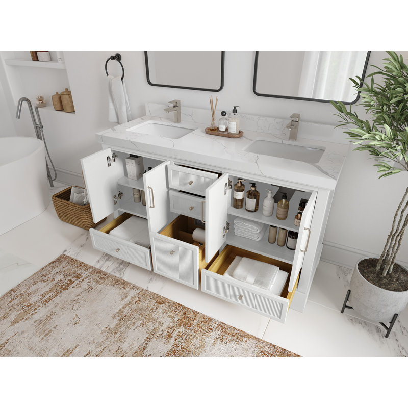 Ensemble de meuble-lavabo double 60 po avec plateau Alys, Or Calacatta