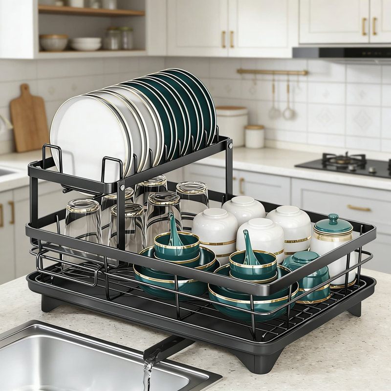 Séchoir à vaisselle à 2 niveaux avec porte-couverts, organisateur de cuisine peu encombrant pour assiettes, bols, tasses et ustensiles, fabrication en acier durable avec drain