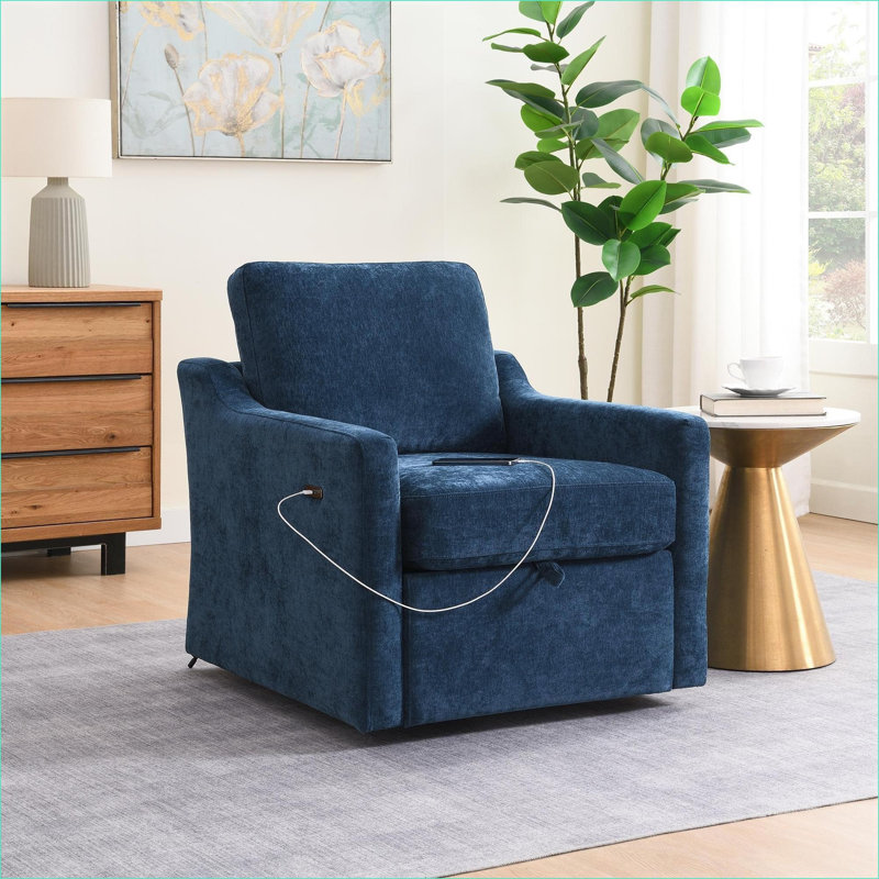 Fauteuil d'appoint pivotant à 360 degrés, fauteuil confortable en chenille bleu marine avec charge USB + Type-C pour la lecture dans le salon, adultes