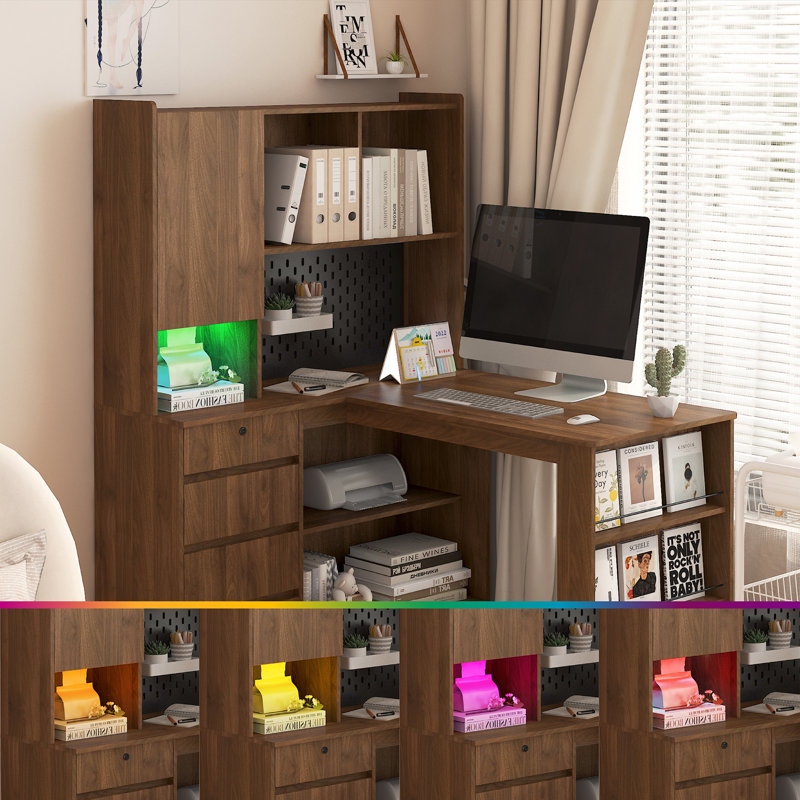  Modern L Shaped Computer Desk with LED Light & Hutch, Corner Workstation with Drawers, Pegboard & Shelves, Wood, Brown