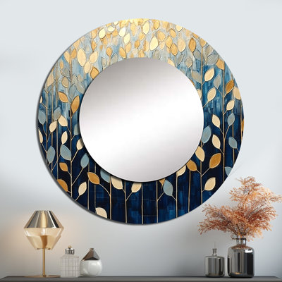 Sharod or et bleu feuilles décor minimaliste - miroir mural décoratif feuilles, grand miroir doré, art imprimé en métal