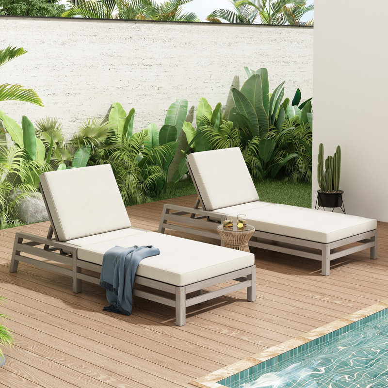 Gray Solid Wood Double Outdoor Lounge Chair With 5 Adjustable Positions, Thickened Waterproof Cushion, Suitable For Pools, Balconies, And Gardens.