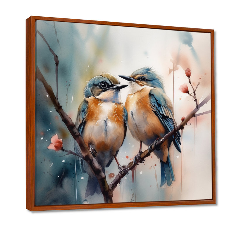 Oiseaux bleus assis sur une branche d'arbre III - Art mural floral, H 16 po x l 16 po, Cadre flottant brun