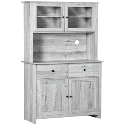 63.5" Kitchen Buffet With Hutch, Pantry Storage Cabinet With 4 Shelves, Drawers, Framed Glass Doors, Open Microwave Countertop, Ash