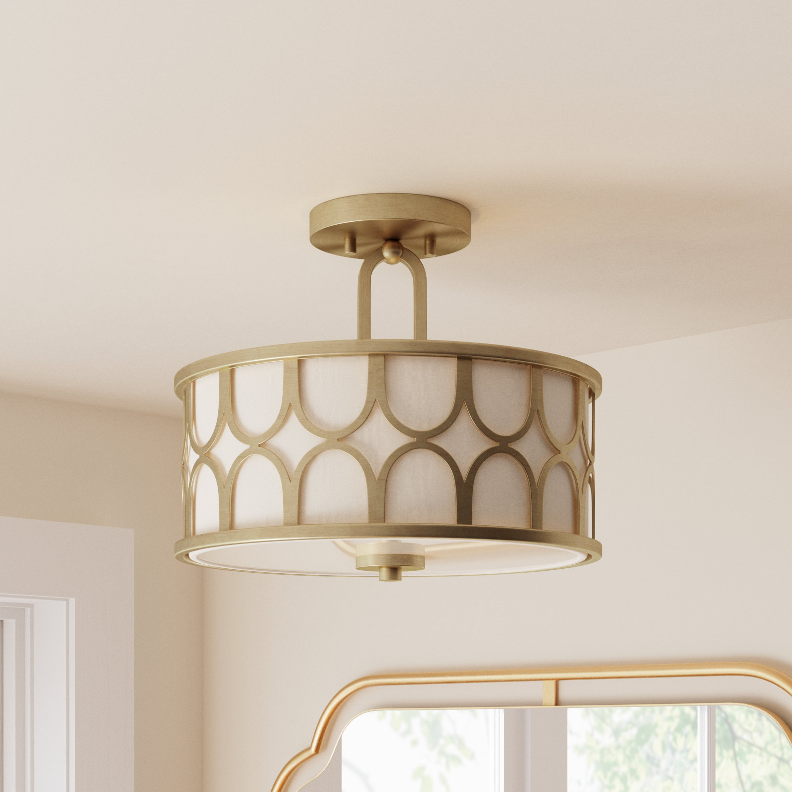 Bayberry 2 Light Fabric Semi Flush Mount, Natural Brass
