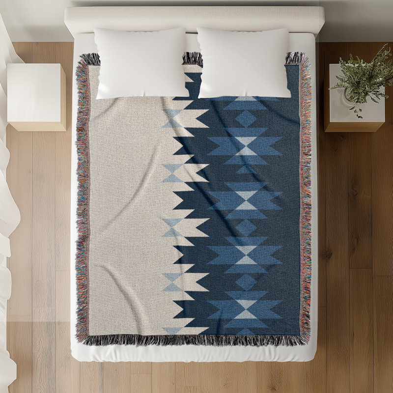 Shako South Western Cotton Blend Blanket Throw, Blue/Off-White, 60" L x 50" W