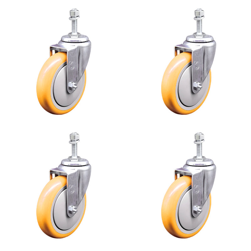 Ensemble de roulettes à tige filetée 5 pouces en polyuréthane pivotant de 3/8 pouce, Jaune