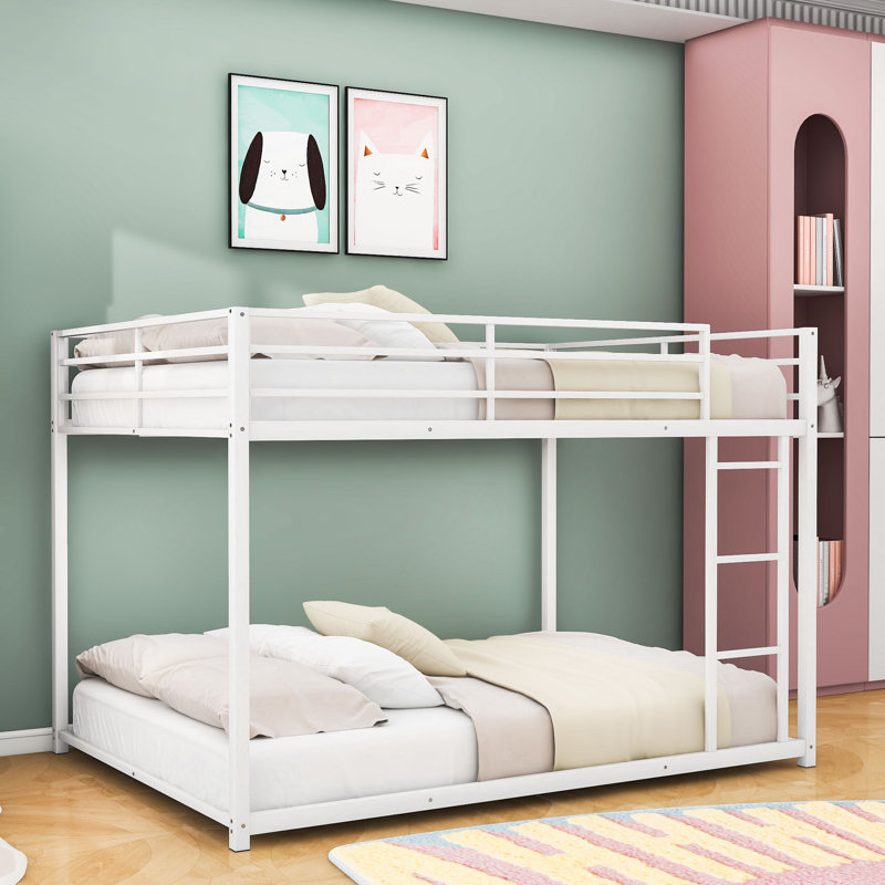 Full Over Full Metal Bunk Bed With Built-In Ladder And Full-Length Guardrails, White