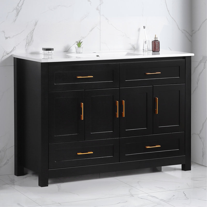 Ensemble de meuble-lavabo avec lavabo en céramique, armoire de rangement abondante - 4 portes à fermeture douce et 4 tiroirs