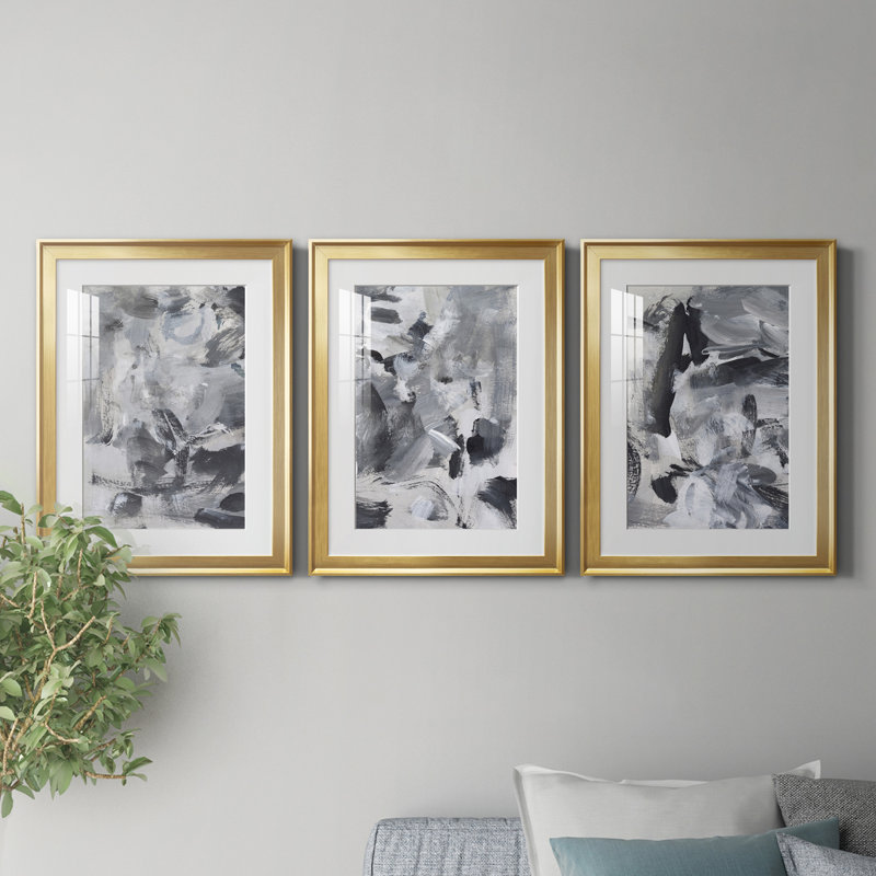 «Black and White Mix I», ensemble de 3 cadres photo, H 30,5 po x l 67,5 po x P 1 po, Cadre doré