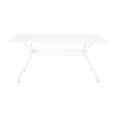 Rectangular Cast Aluminum Outdoor Table - Floral Magnetic Detail, Umbrella Insertion Point, 67"X37.5"X30.04", White Rectangular, Beauty Spot, Insert,