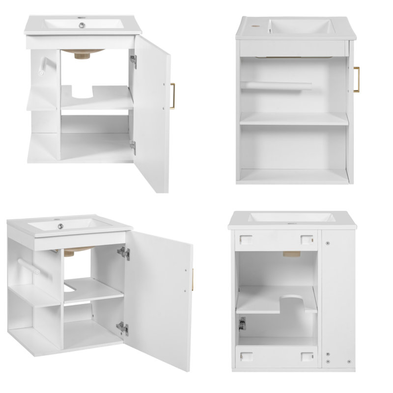 Armoire de salle de bain murale 20 po avec armoire latérale, lavabo en céramique, porte à fermeture lente, blanc