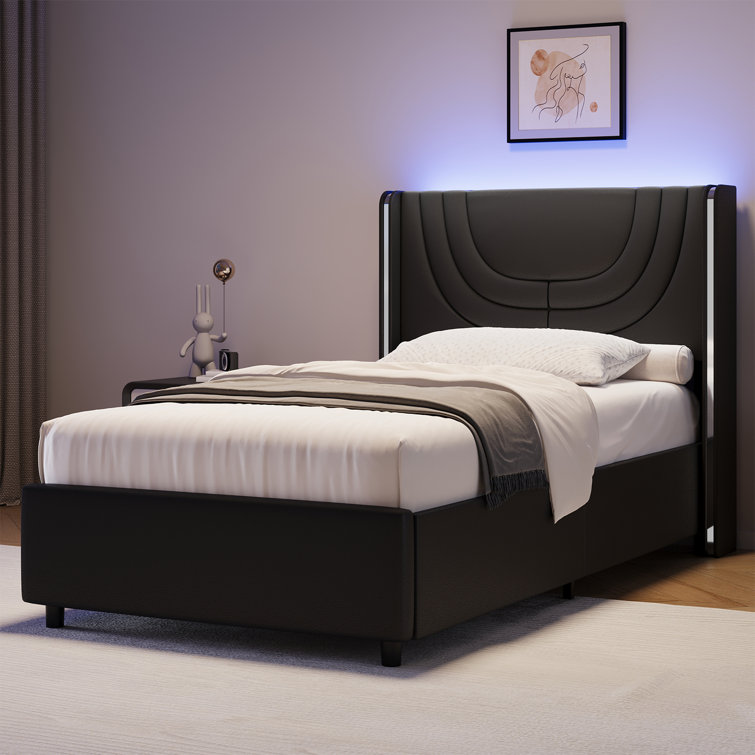 Bed Frame with Headboard and LED Lights, Leather Upholstered Bed Frame, Wingback/Headboard Splicing Design, No Box Spring Needed, Easy Assembly