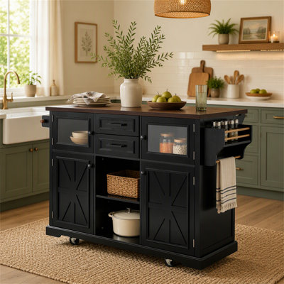 Îlot de cuisine de 47,2 po avec abattant, prise de courant, chariot de rangement roulant sur 4 roulettes avec 4 tablettes de porte, portes de grange en croix et porte vitrée pour la cuisine