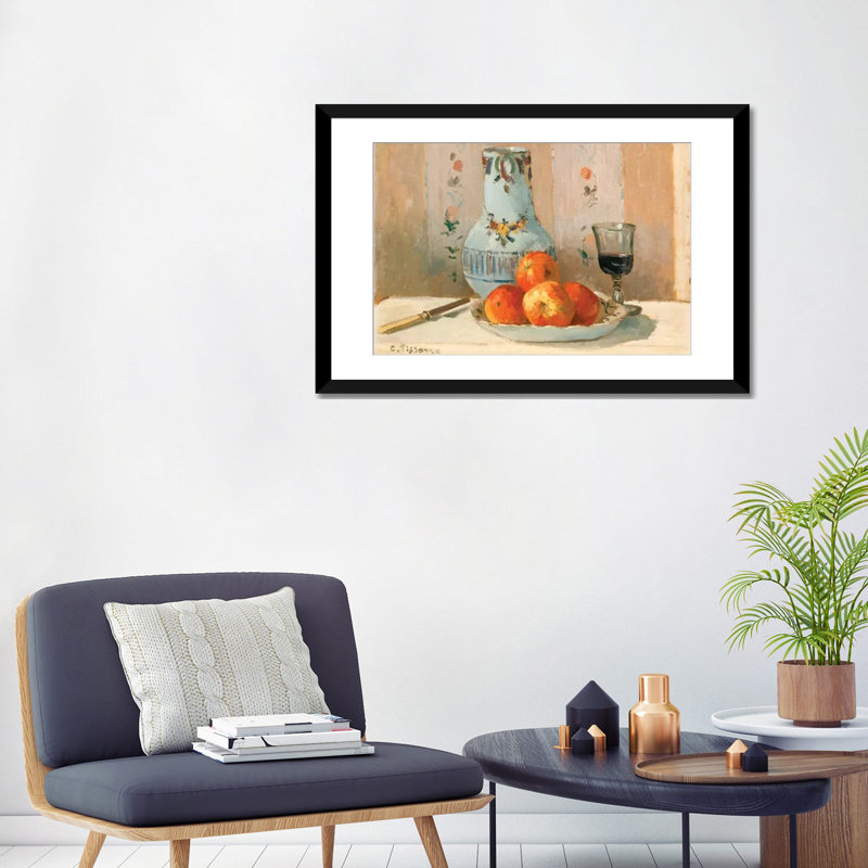«Still Life with Apples and Pitcher», reproduction sur toile, H 16 po x l 24 po x P 1 po, Papier d'art encadré noir, Blanc