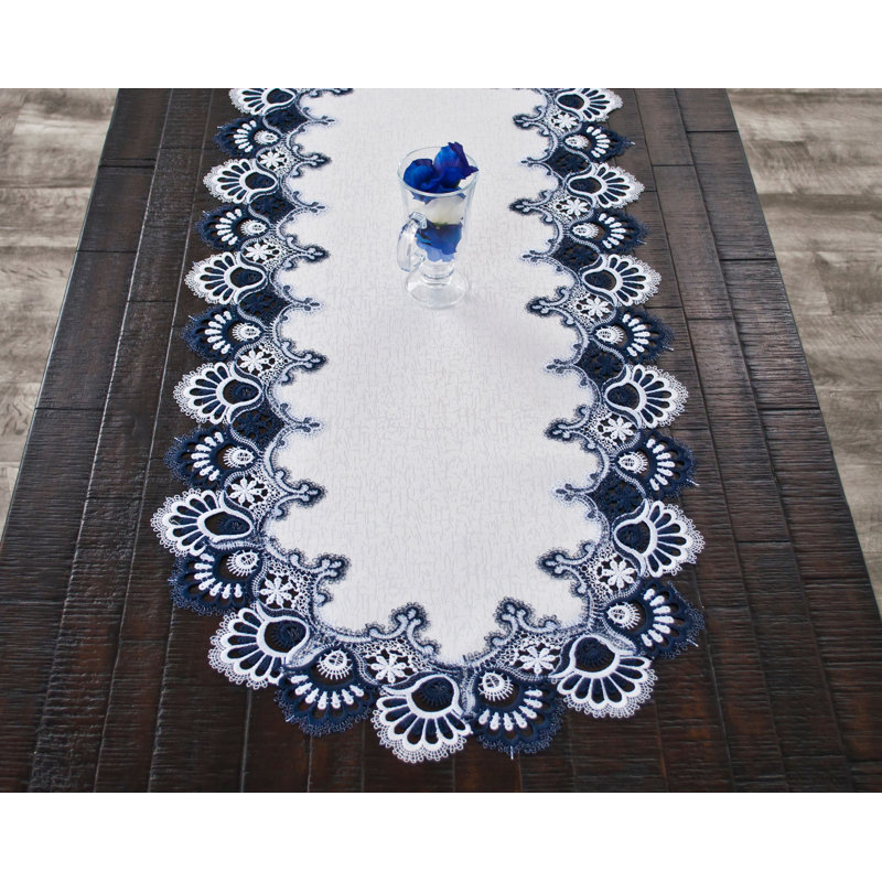 Folger Antique European Navy Blue White Lace Runner, 35" x 16"