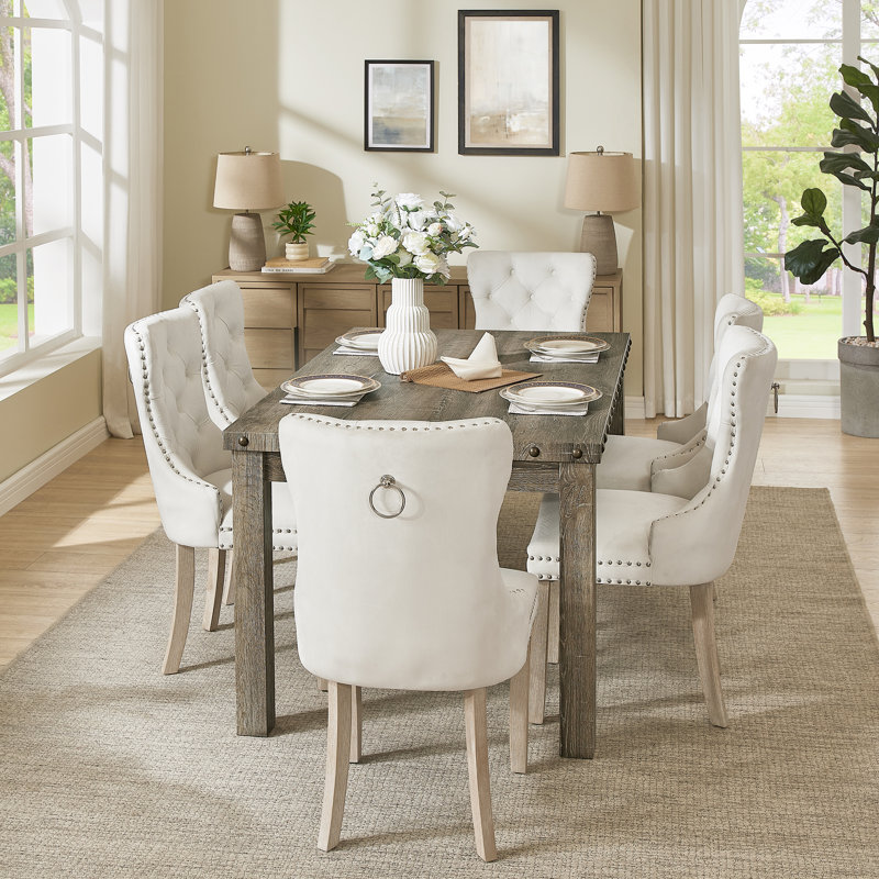 Tufted Dining Chair, Upholstery Chairs With Nailhead And Pull Ring (Set of 6), Velvet Beige, 6