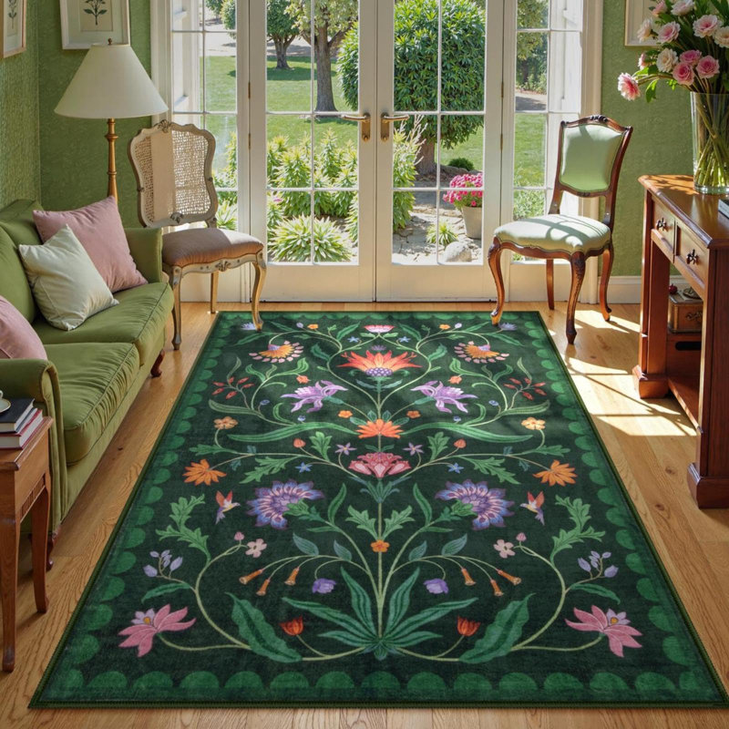  Boho Floral Washable Area Rugs for Living Room Non Slip Indoor Ultra-Thin Throw Room Carpe, Rectangle 5' x 7'
