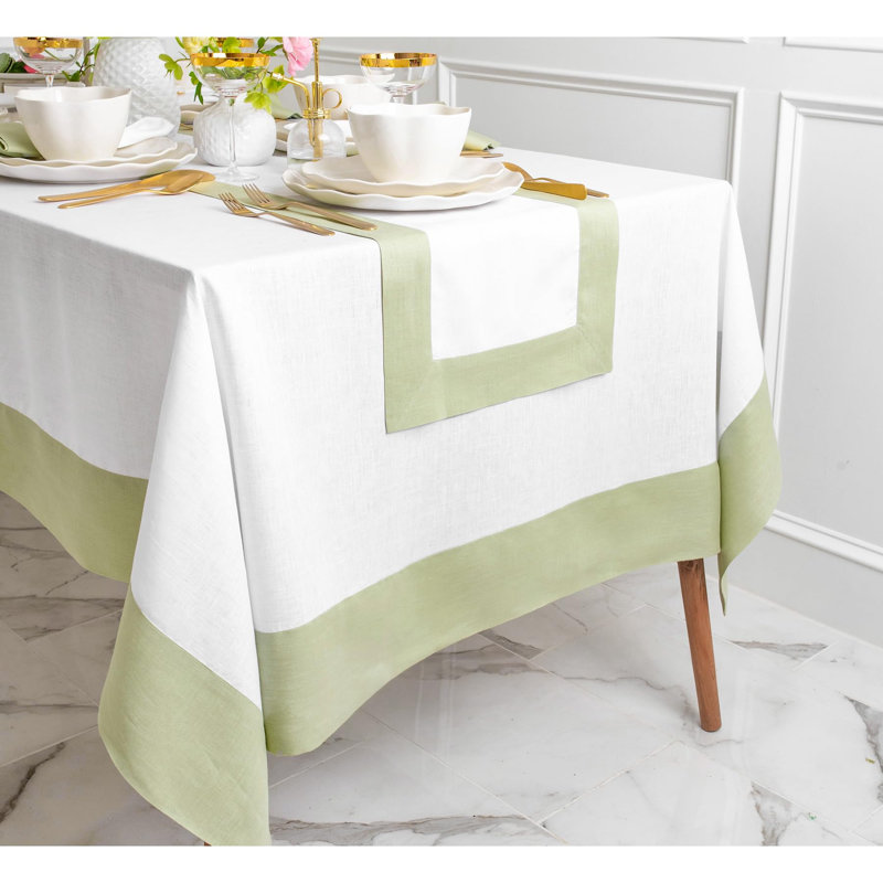 Contempo - 100% Pure Linen Tablecloth, Sage Green/White, 144" x 60"