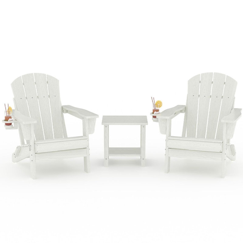 Folding Adirondack Chair Set of 2 with Side Table, All-Weather HDPE Outdoor Chair, Wooden Textured with Cup Holder for patios, Decks, Gardens, fire pits, White