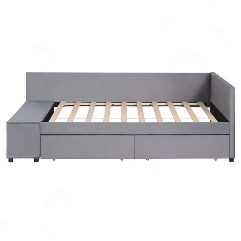 Twin size L-Shaped Upholstered Platform Bed with Storage and Drawers, Gray