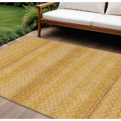 8' X 10' Wheat And Gold Striped Washable Indoor Outdoor Area Rug