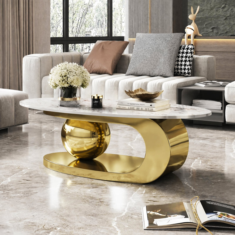 Table basse ovale en faux marbre de 125 cm (49,2 pouces) pour salon, table centrale moderne avec piètement en acier inoxydable pour la décoration intérieure
