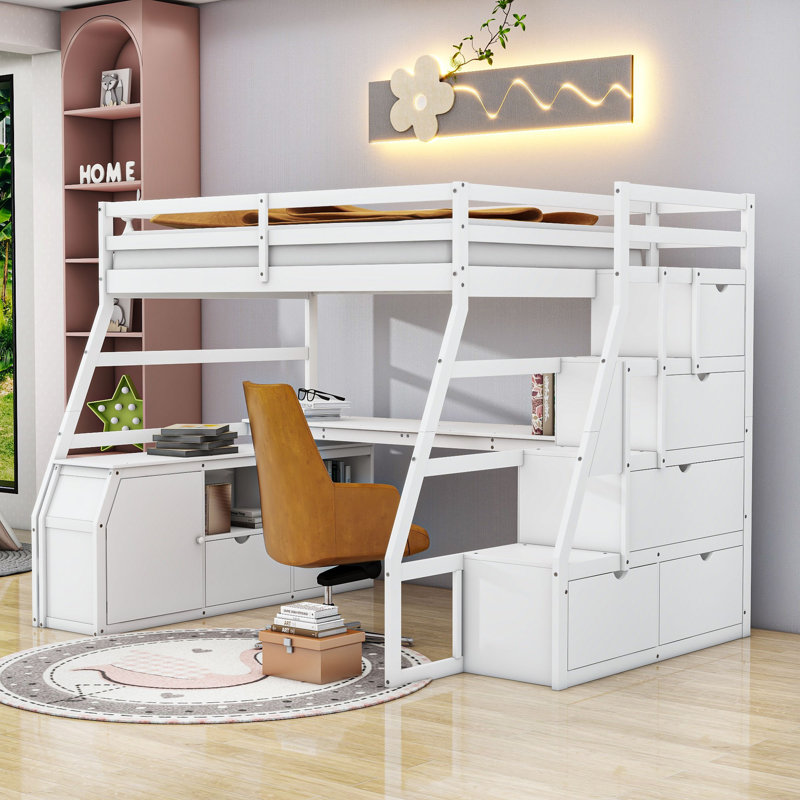 Lit mezzanine 7 tiroirs avec tablettes et bureau, Blanc