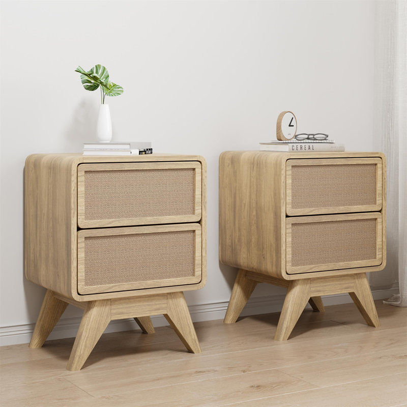 Natural Wood and Linen 2-Drawer Nightstand Set with Tapered Legs