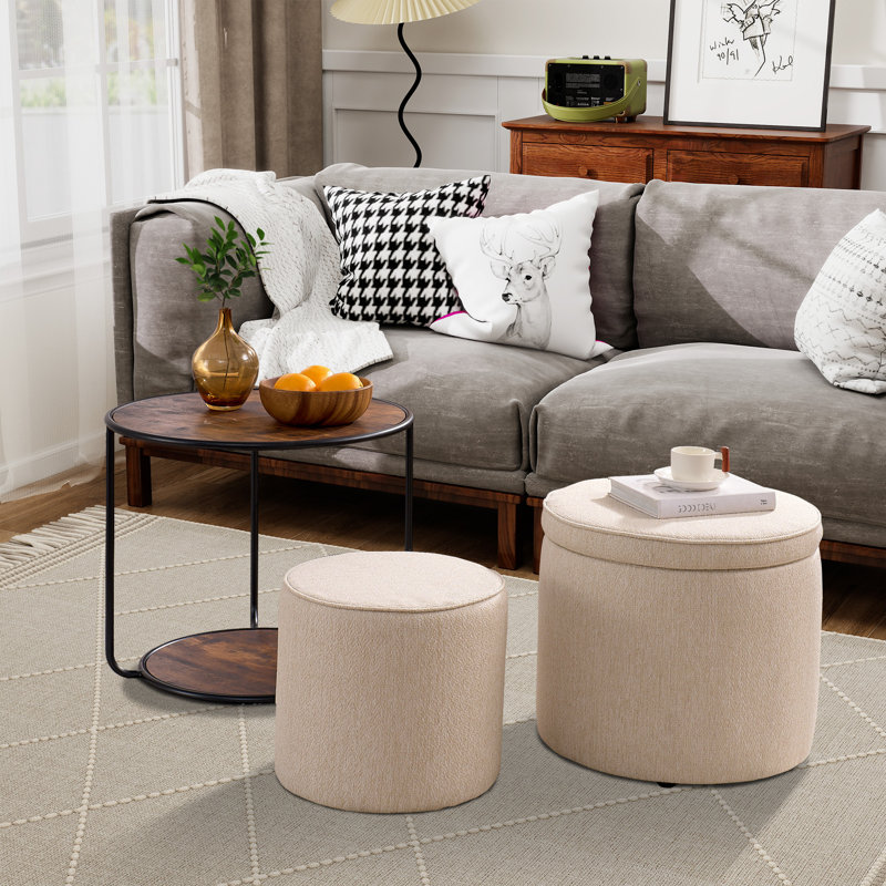 Coffee Table Set With 2 Stools, Beige
