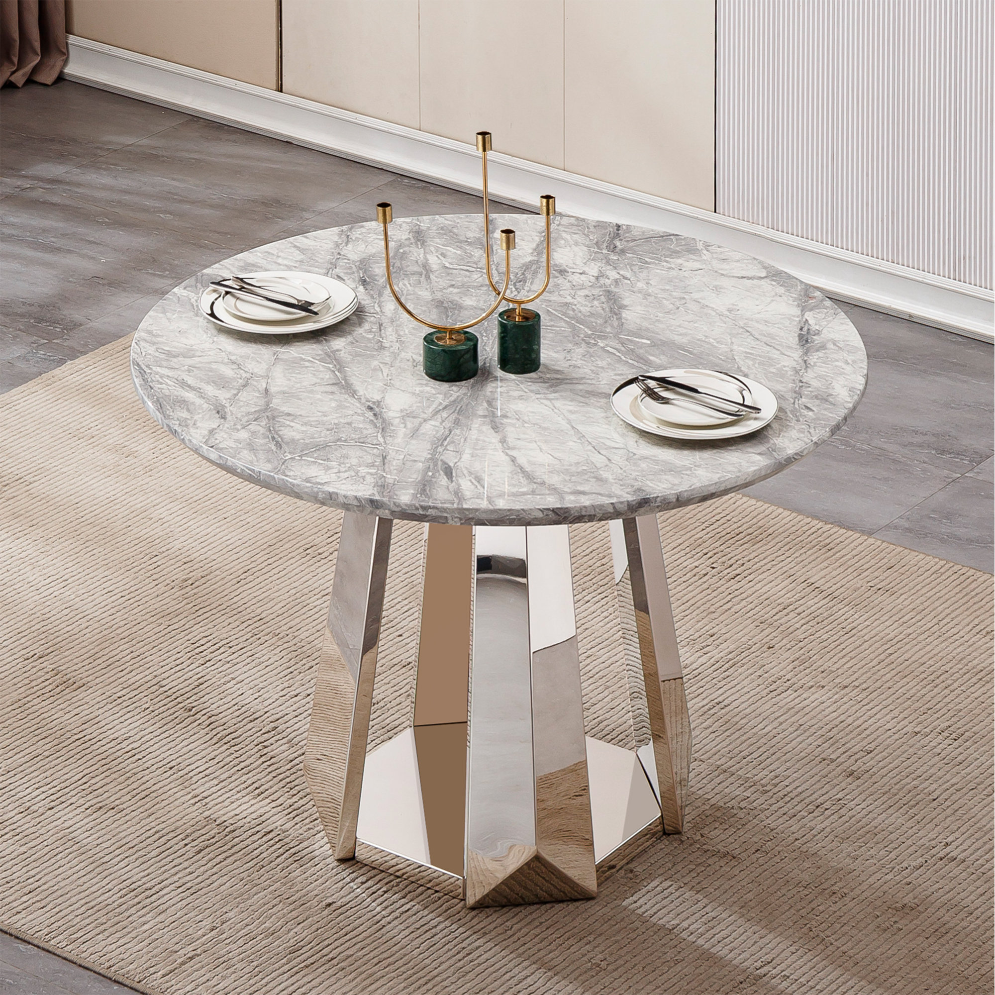 Everly Quinn Sophisticated Marble Round Table Modern Stainless Steel ...