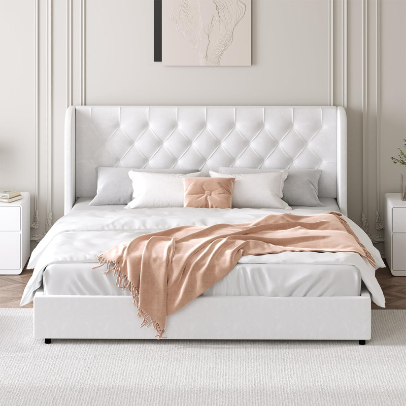 Lit plateforme tapissier avec velours courbé à oreilles et table de chevet à cadre ouvert en bois, table d'appoint de style champêtre pour chambre à coucher et salon