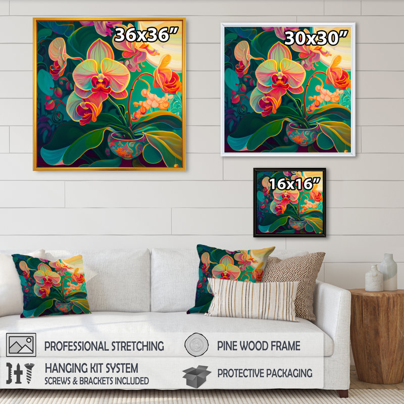 Orchidée en fleurs dans des couleurs vives rétro III - impression, H 36 po x l 36 po x P 1,5 po, Cadre flottant noir