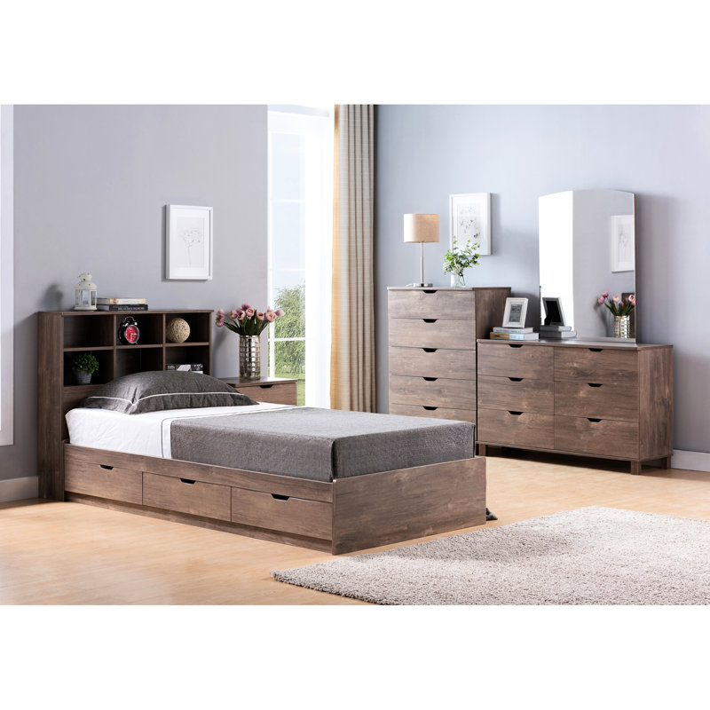 Full Bookcase Headboard, Hazelnut, Six Shelves With Three Adjustable And Rounded Edges Corners