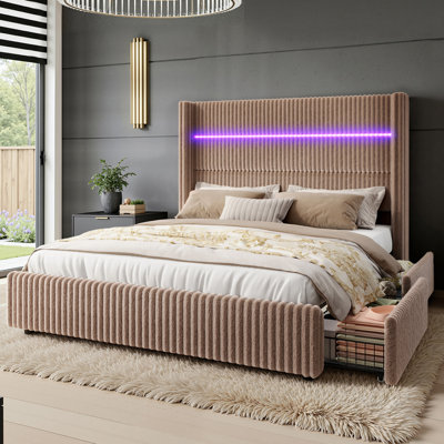 Upholstered Platform Bed with Storage Drawers and Charging Station, Wood Slat Support Bed Frame