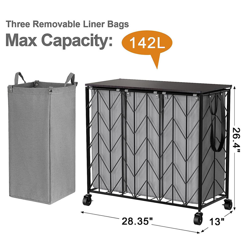 Gray 142L Iron Frame Laundry Basket with Wheels and Removable Bags
