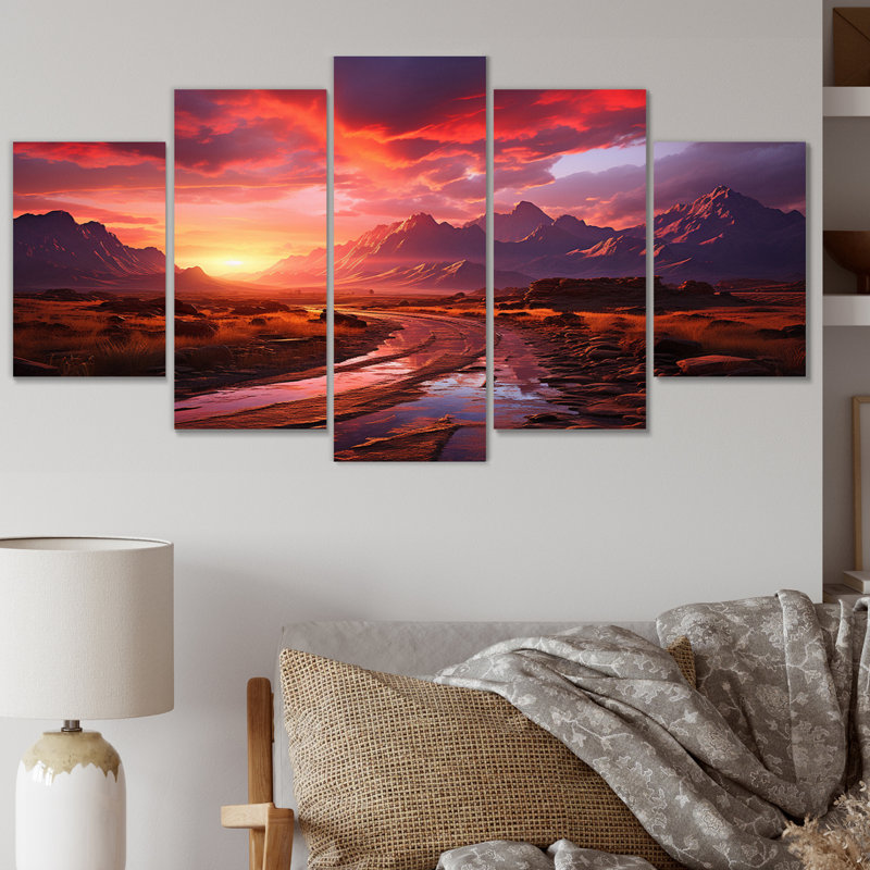 «Purple Sunset Amber Embrace», impression d'art mural paysages - 5 panneaux