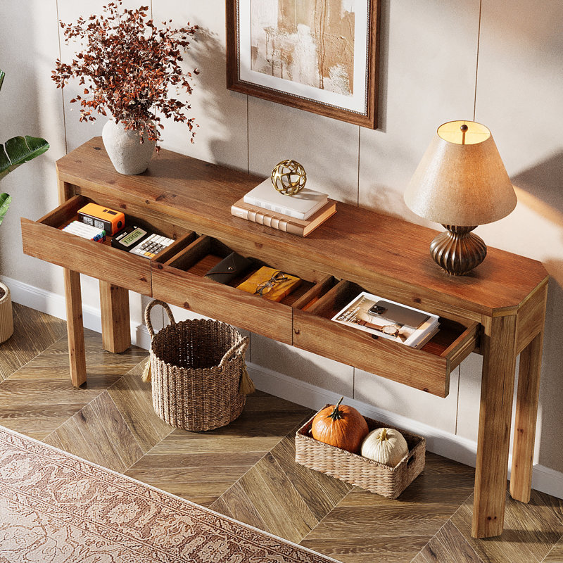 Solid Wood Console Table with 3 Drawers, 63-Inch Farmhouse Sofa Table Behind Couch for Entryway, Living Room, Foyer, Entrance (Rustic Brown)