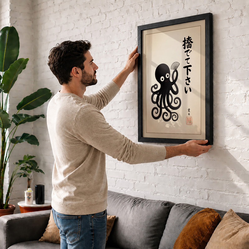 Octopus with Japanese Text Japandi - Framed Print, A1 - 84.1 x 59.4 cm, White