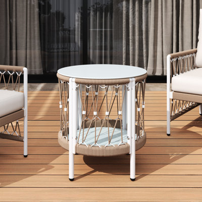 Table d'appoint d'extérieur 17,22 "avec essence bohémienne, plateau en corde tissée et structure thermolaquée pour les décors en bord de piscine