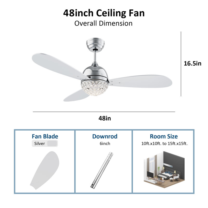Ventilateur de plafond 52 po à 3 pales en cristal DEL avec télécommande et ensemble d'éclairage inclus Friedmut