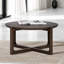 Table de salon style transitionnel 36 po avec base à tréteaux et plateau en bois avec finition noyer foncé brossé et salon principal