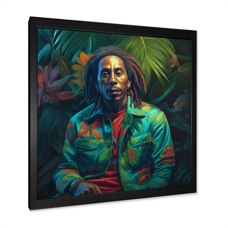Bob Marley Miami Vibes sur toile, Cadre d'angle fermé noir, H 16 po x l 16 po x P 1 po