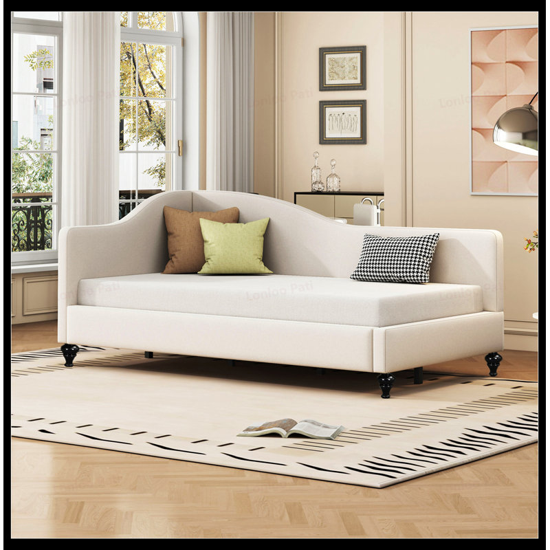 Twin Size L-Shaped Linen Daybed with Solid Wood Legs, Perfect for Modern and Functional Living Spaces, Twin, White
