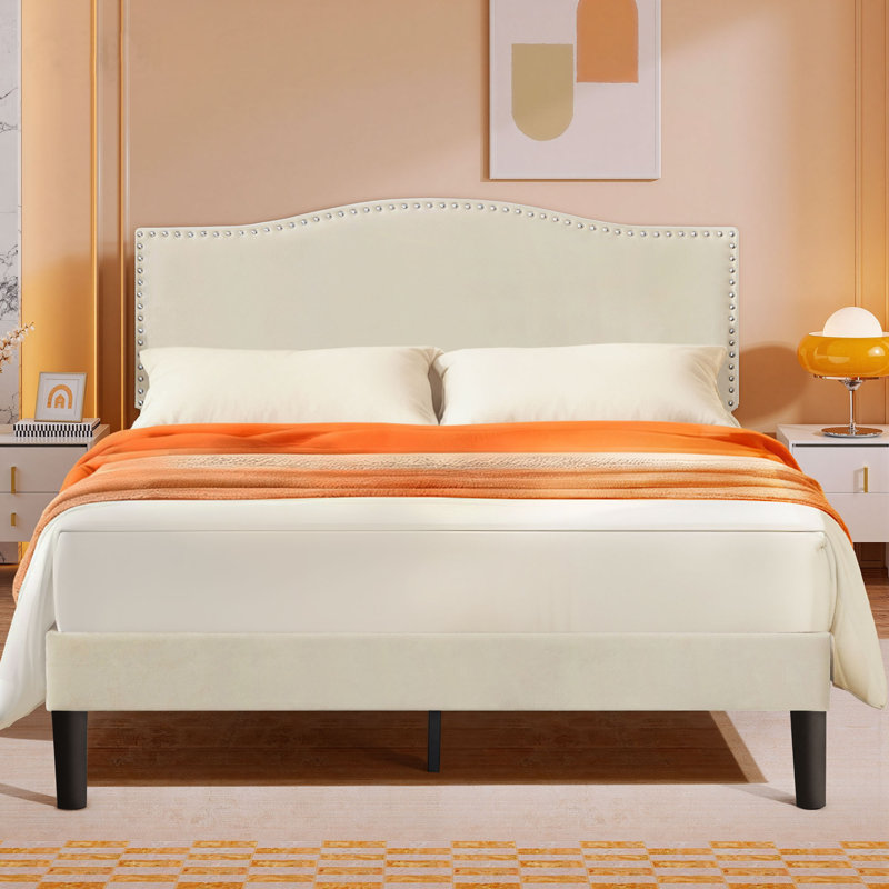 Structure de lit tapissier Auxter, Double, Beige